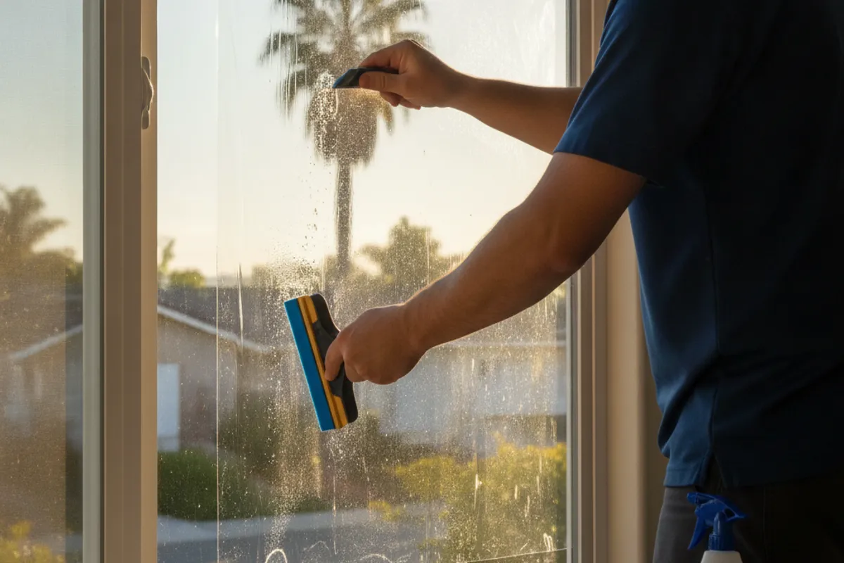 Close-up of a ceramic window film installation on a sun-facing San Diego home window