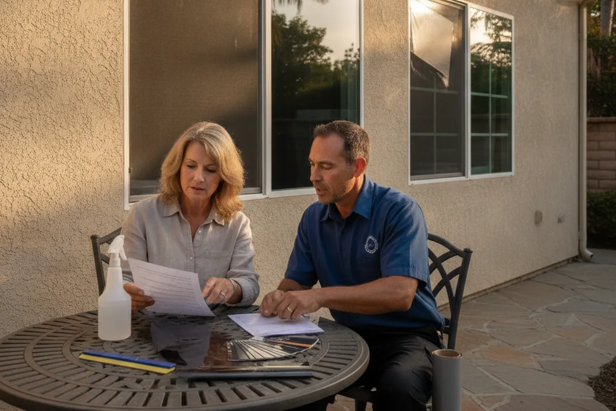 Professional window tint installer working on a San Diego home window with proper tools and technique