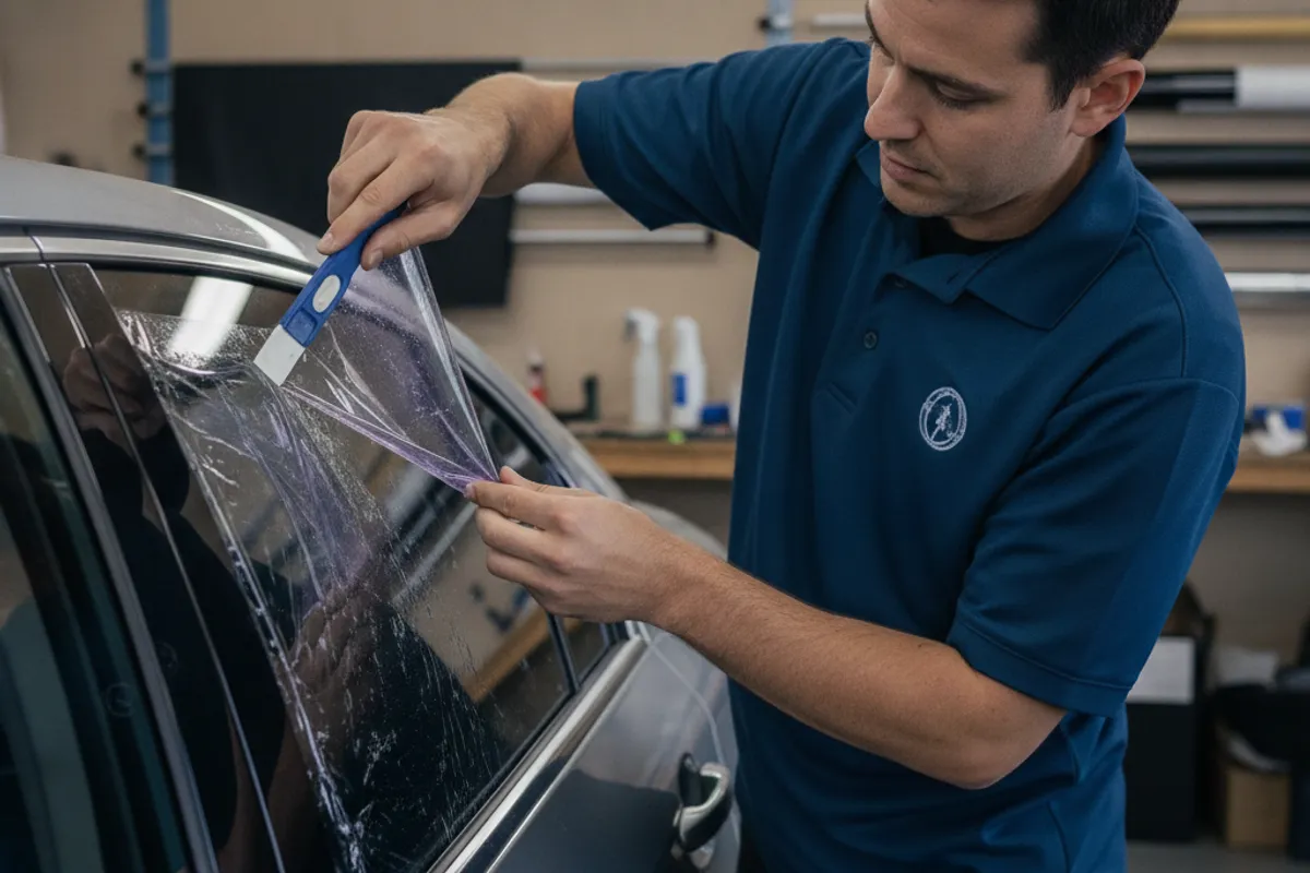 Technician removing peeling and bubbled window tint film from a San Diego home window with professional tools