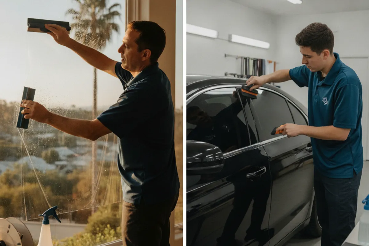 Side by side view of a San Diego home with tinted residential windows and a vehicle with automotive tinted glass