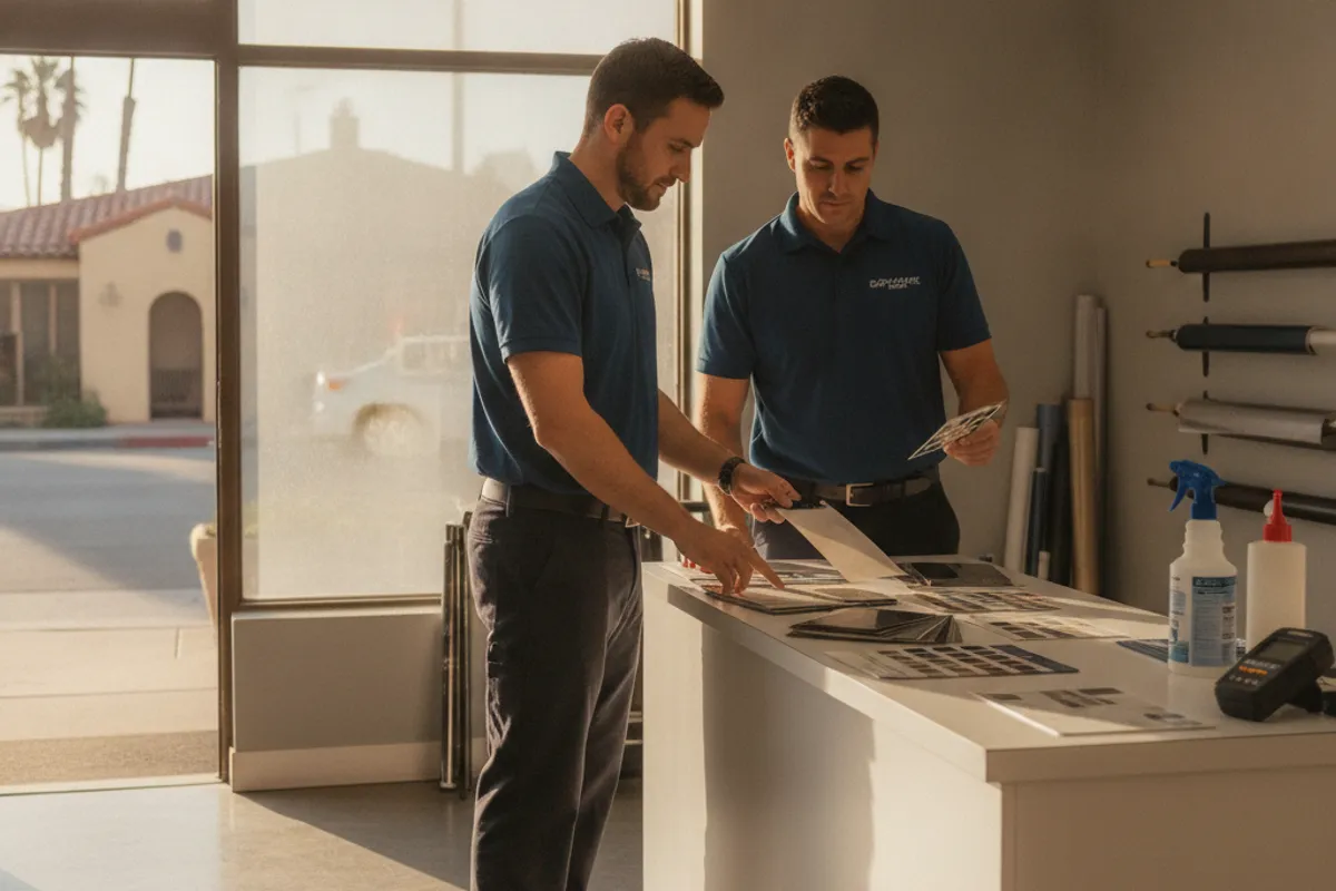 Homeowner and a local window-film installer reviewing film samples and a window layout plan for a San Diego County tinting project.