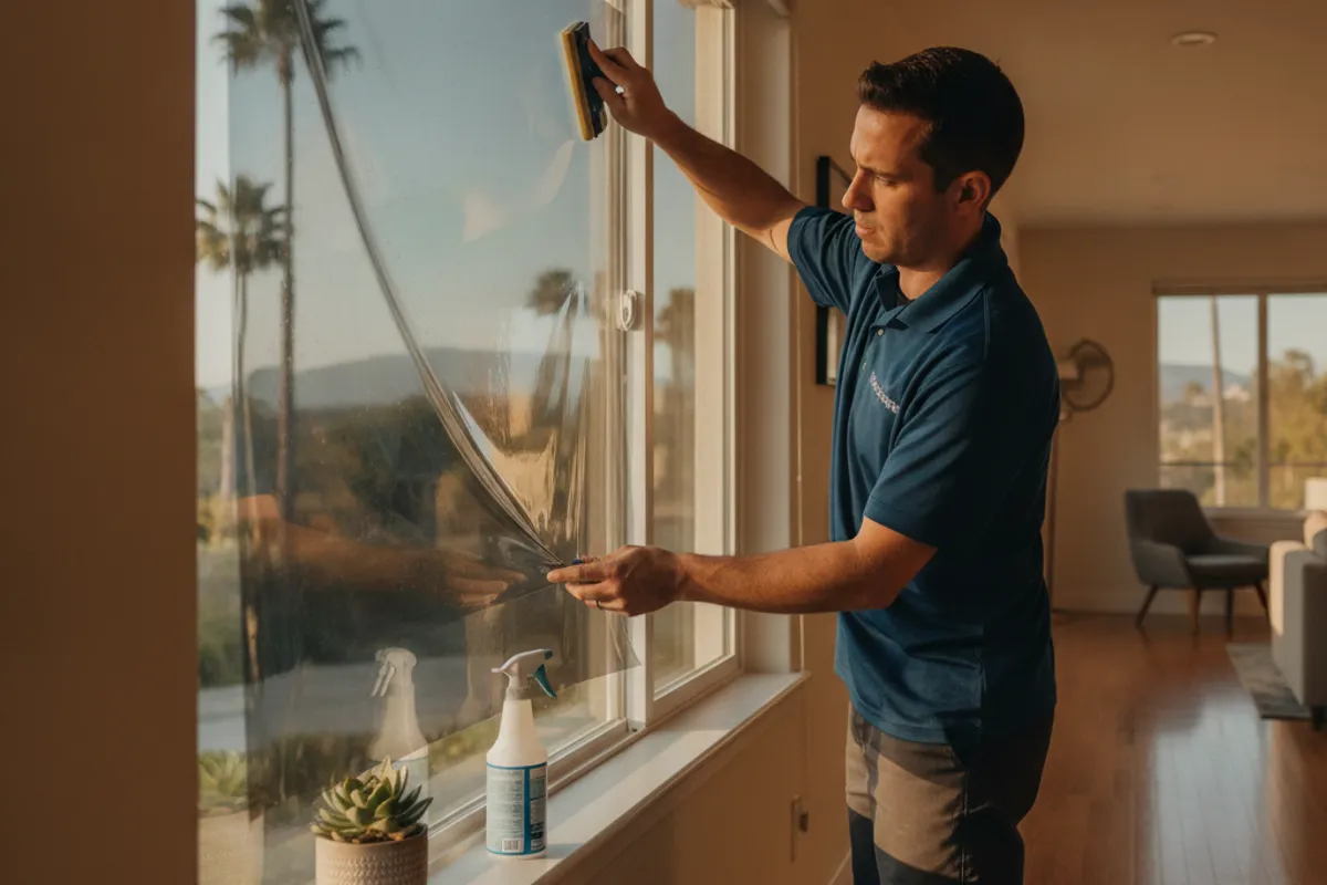 Vetted local window-film installer applying ceramic tint to large glass windows on a San Diego County home in bright afternoon sun.