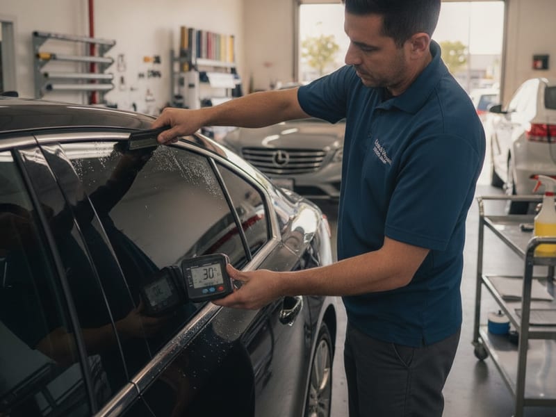 Window tint installer using a VLT meter on a legally tinted car window in a San Diego shop