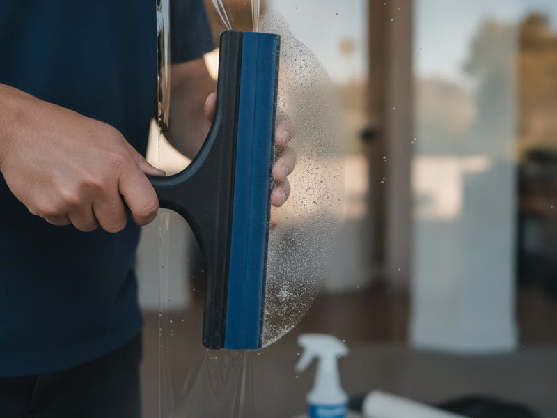 Close-up of a squeegee cleaning a freshly tinted residential window without scratching the film
