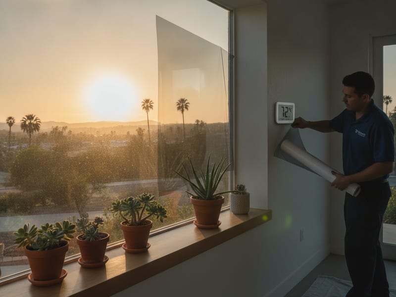 San Diego home interior with heat-rejection window film on west-facing windows in afternoon sun