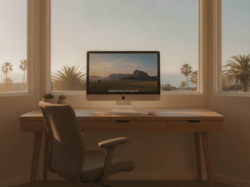 Anti-glare window film applied to office windows in a San Diego commercial space, reducing screen glare on monitors visible in the background
