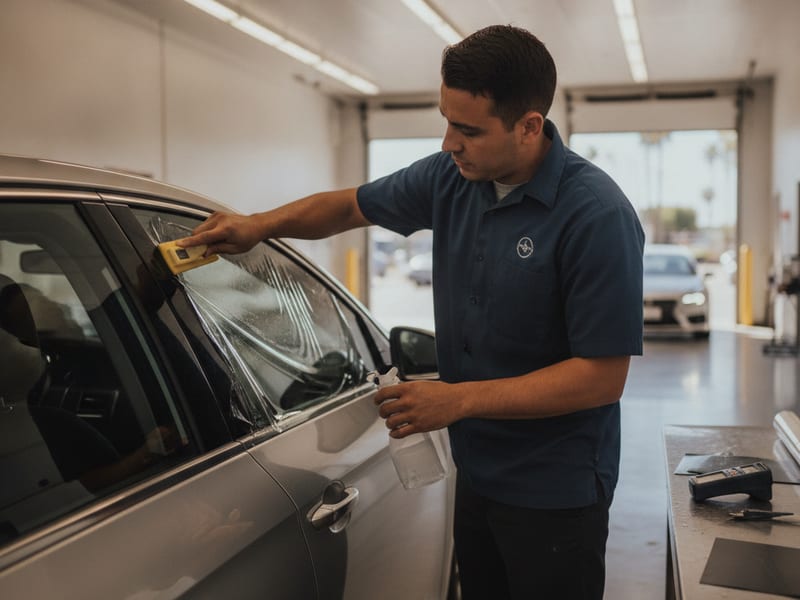 Window-film installer applying precision-cut tint to the rear glass of a sedan at a San Diego County shop