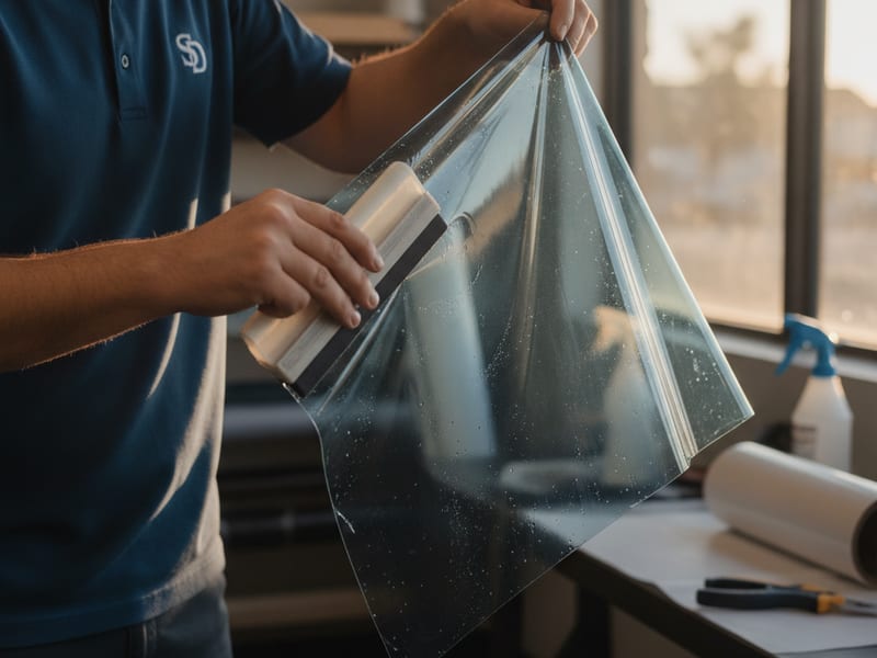 Close-up of ceramic window film being applied to a large residential window in a San Diego County home with strong afternoon sun