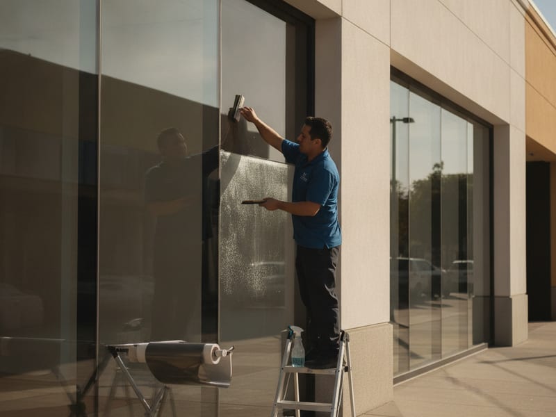 Window-film installer applying solar control film to the glass facade of a San Diego County office building