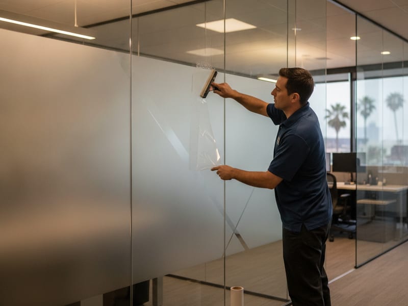 Decorative frosted window film with a custom cut pattern applied to a glass office partition in a San Diego commercial space