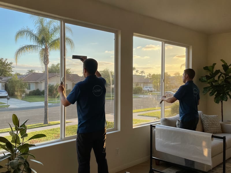 Privacy window film applied to street-facing windows of a San Diego home, showing clear interior view from inside while exterior appears reflective