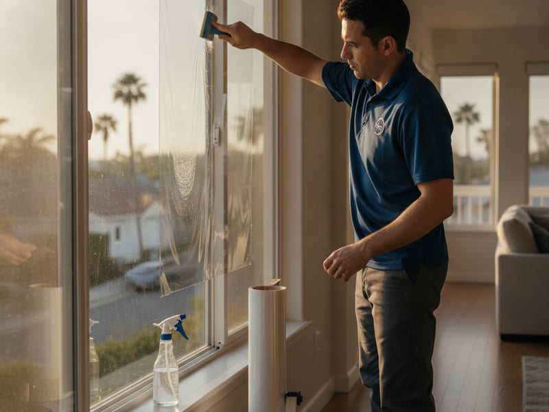 Vetted installer applying ceramic window film to large south-facing windows in a San Diego County home