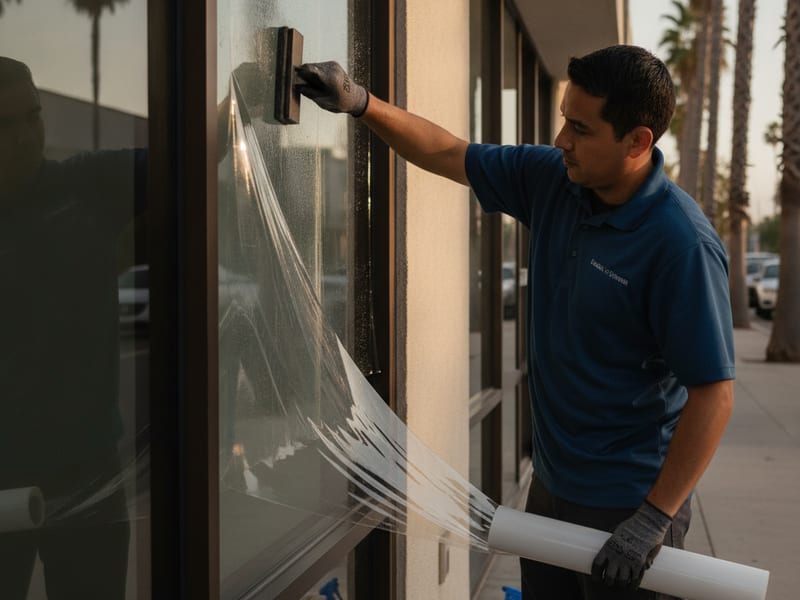 Security window film applied to a ground-floor sliding glass door in a San Diego County home, showing the film holding cracked glass in place