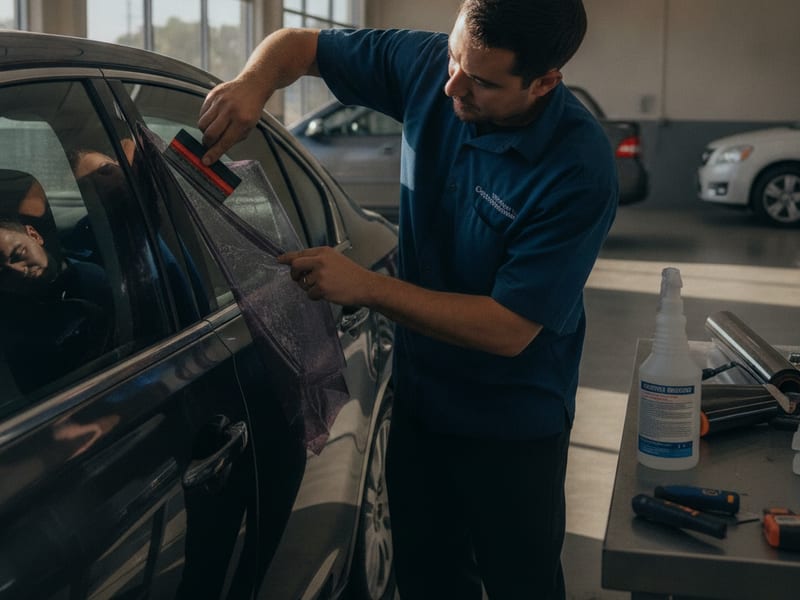 Window-film installer removing old bubbled tint from the rear glass of a vehicle at a San Diego County shop