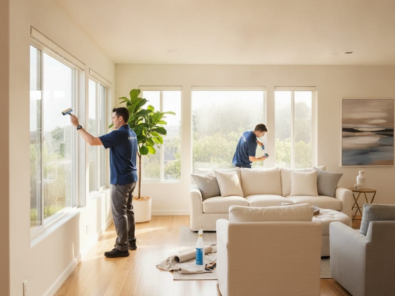 Clear UV protection window film applied to a large living room window in a San Diego home near sun-exposed wood flooring