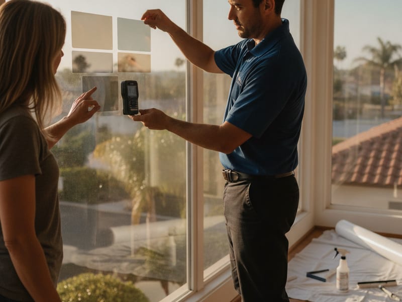 Window-film installer reviewing film samples with a San Diego homeowner during an on-site consultation
